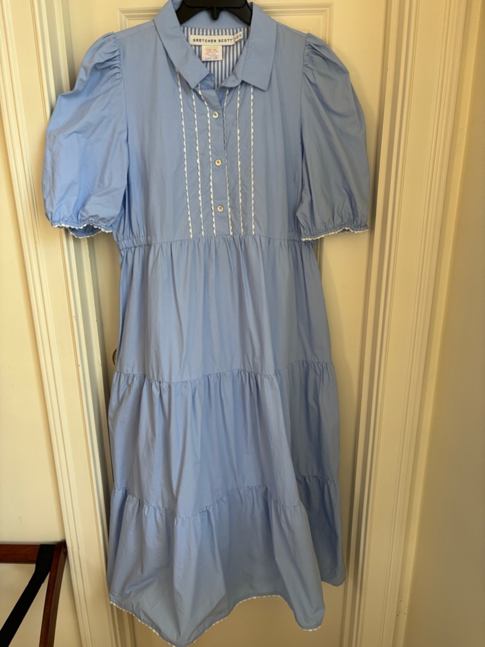 Gretchen Scott Rick Rack Rock Blue Puff Sleeve Tiered Cotton Dress size L